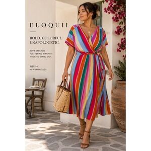 Eloquii Multicolor Striped Wrap Midi Dress